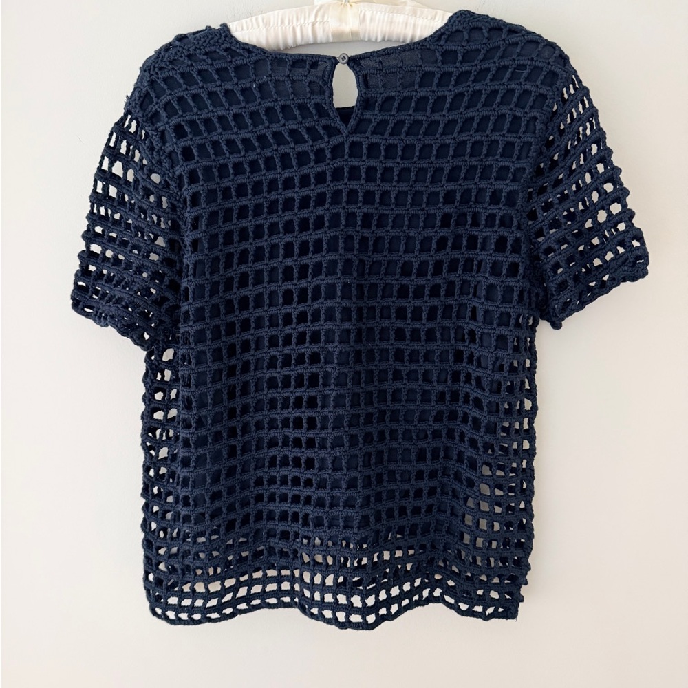 Akris Switzerland Open knit crochet short sleeve navy blue sweater Sz ? (S?) - Picture 2 of 8